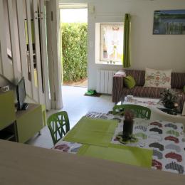 Gîte ¨Pomme verte - Salon, séjour, vue depuis la cuisine - Sortie sur la terrasse - Location de vacances - Vonnas