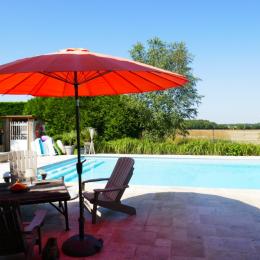 terrasse avec piscine chauffée et vue dégagée sur la campagne - Chambre d'hôtes - Saint-Georges-du-Bois