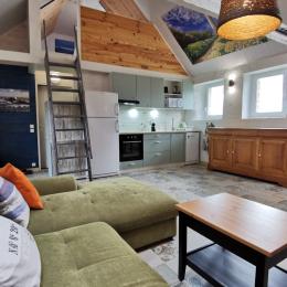 Pièce de vie avec l'espace cuisine avec l'echelle avec rembarde pour accèder à la mezzanine - Location de vacances - Guissény