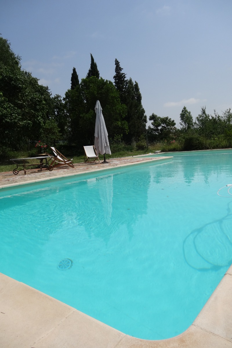 Vue partielle de la trés grande piscine eu sel ( 15x5x8) en L. Accès piscine avec portail ( clés parents).  - Location de vacances - Montbrun-Lauragais