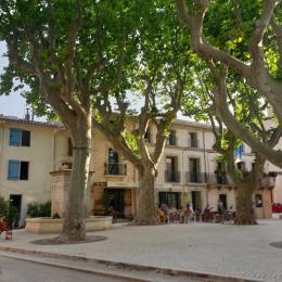maison cazouline avec les volets bleus sur la place du village avec ses platanes majestueux - Location de vacances - Cazouls-d'Hérault