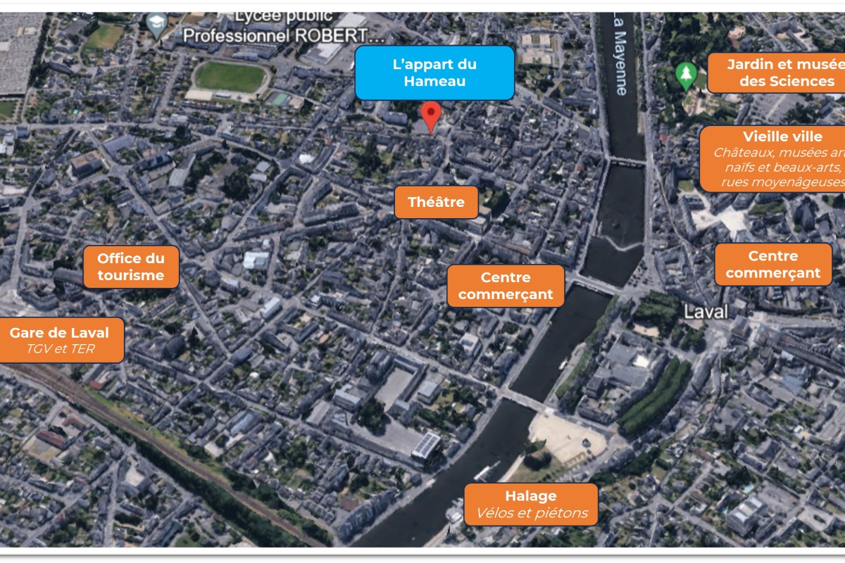 Plan de situation avec activités touristiques et affaires autour de l'appartement (Google Earth / Plan Clévacances)  - Location de vacances - Laval
