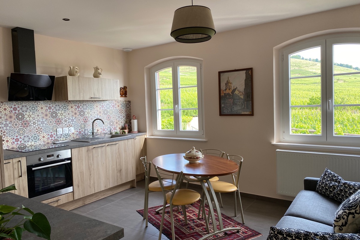 Le salon cuisine avec vue sur le vignoble - Location de vacances - Saint-Hippolyte