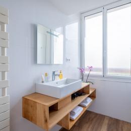 Salle d'eau lumineuse avec douche spacieuse, sèche-cheveux, lave-linge et serviettes - Location de vacances - Lyon