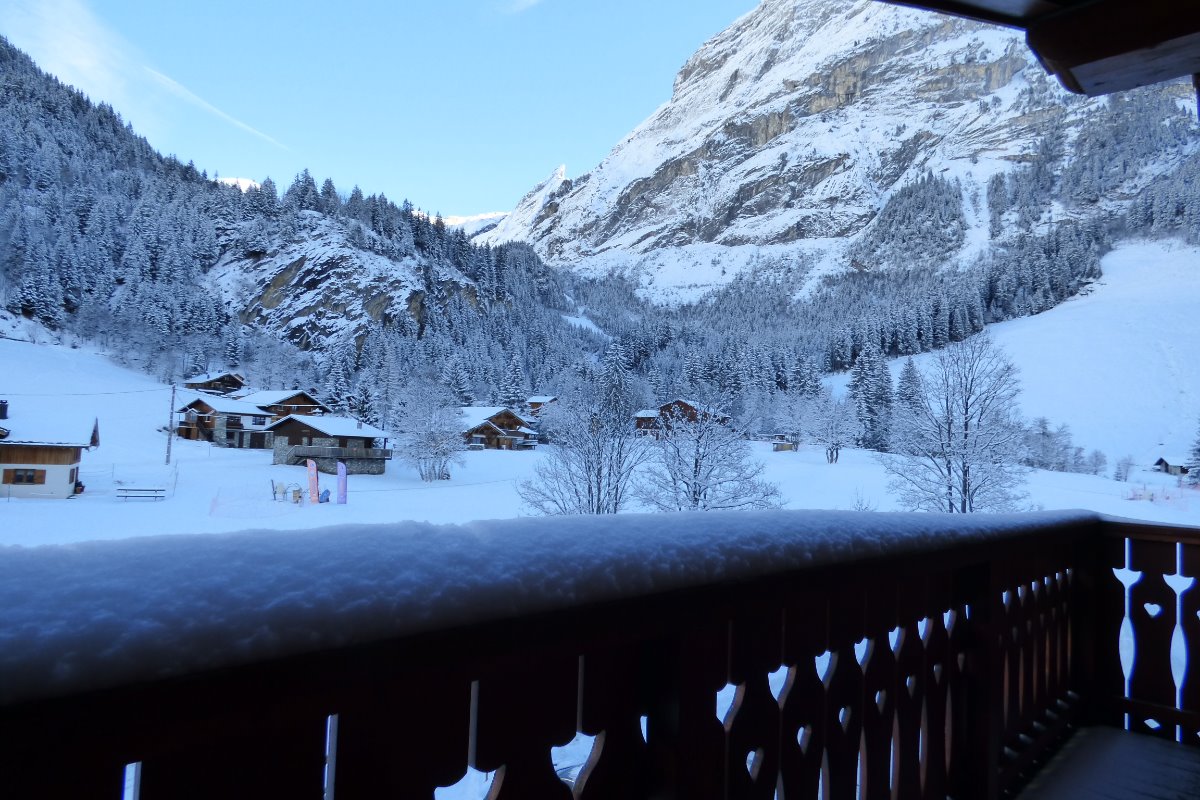 La terrasse ensoleillée et enneigée face au Grand Marchet et l'Isertan. Retour skis aux pieds par la piste rouge des Lanches - Location de vacances - Pralognan-la-Vanoise